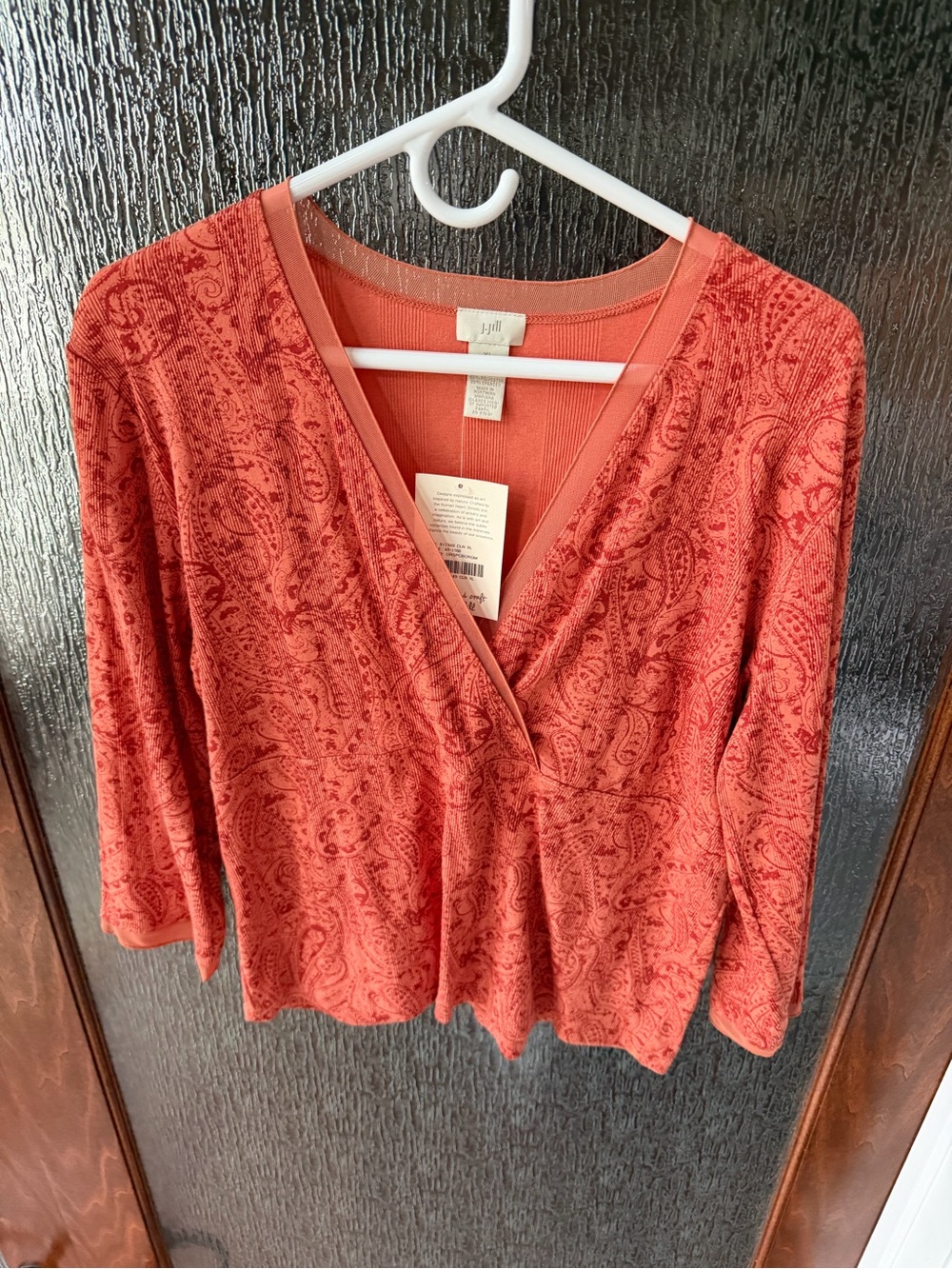 🧡J.Jill XL Coral Paisley V-Neck Long Sleeve Top NWT🎃